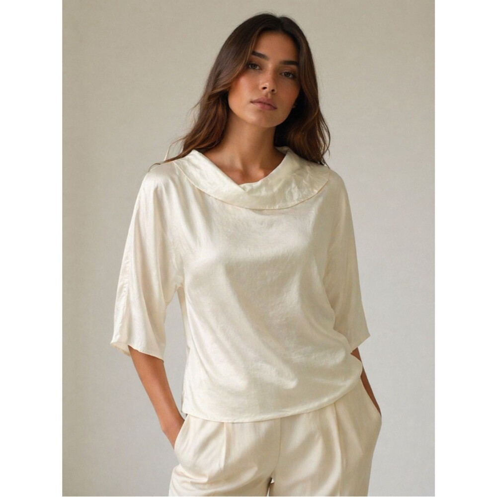 Michael Kors Ivory Satin Feel Cowl Neck Dolman Sleeve 3/4 Blouse Top XS